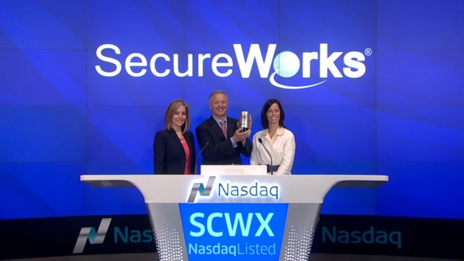 a photo of senior SecureWorks staff at the Nasdaq stock exchange