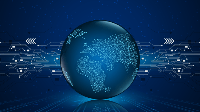 globe illustrated with digital motif