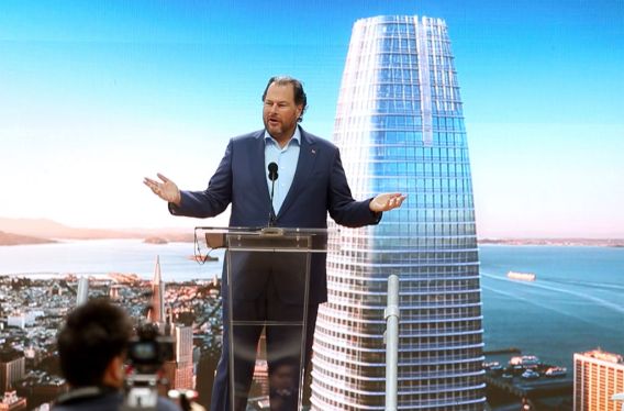 Salesforce founder and CEO Marc Benioff speaks during the grand opening of the Salesforce Tower, the tallest building in San Francisco, Calif., Tuesday, May 22, 2018. (Karl Mondon/Bay Area News Group via Getty Images)