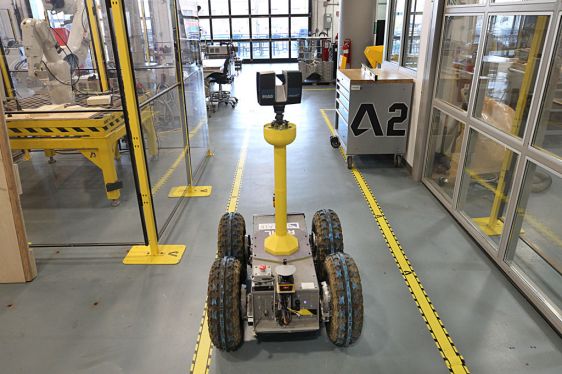 BOSTON, MA - FEBRUARY 3: The Oliver robot, pictured in Boston on Feb. 3, 2020, was developed at the Autodesk Technology Center Boston as part of a strategic collaboration between Windover Construction, a leading full-service construction management firm based in Beverly specializing in residential, commercial, and institutional projects and RCML, an engineering robotics software company headquartered in the Seaport. It takes highly detailed scans of building sites. (Photo by Suzanne Kreiter/The Boston Globe via Getty Images)