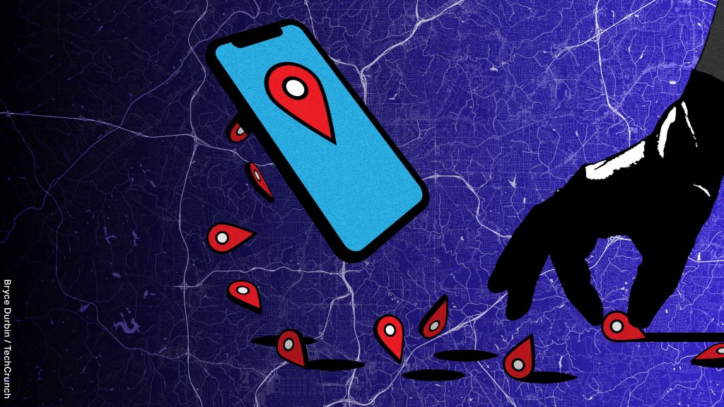 An illustration of location data markers spilling out of a phone, and a creepy hand picking up the location data points.