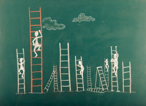 Image of stick figures climbing ladders to represent career moves.