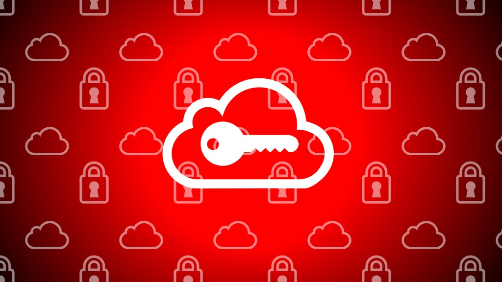 An illustration of a key over a cloud icon, background of cloud and lock icons.