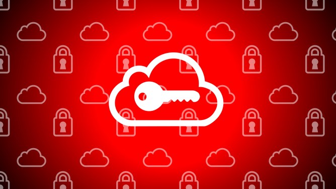 An illustration of a key over a cloud icon, background of cloud and lock icons.