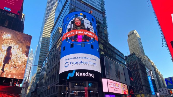 Kimberly Folsom on Nasdaq announcement of her $11M A round in Times Square, New York City