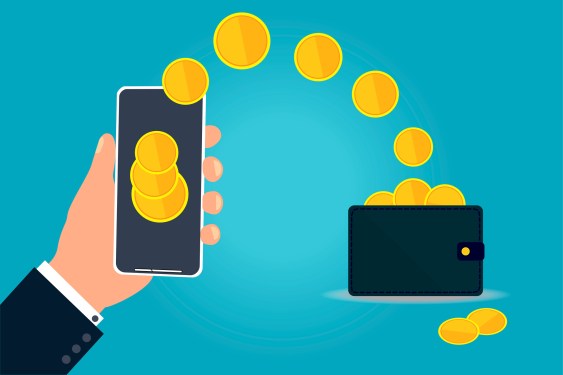Money in coins from a mobile phone to a wallet.