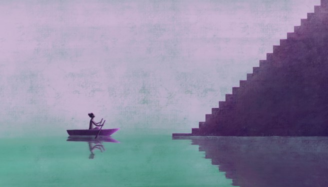 Success ambition hope and dream concept. Surreal artwork. woman on boat with staircase, business background illustration. painting artwork. art
