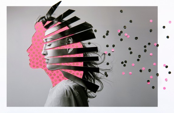 Collage of a woman's face spliced into stripes to represent a creator relying on a startup to support their art.