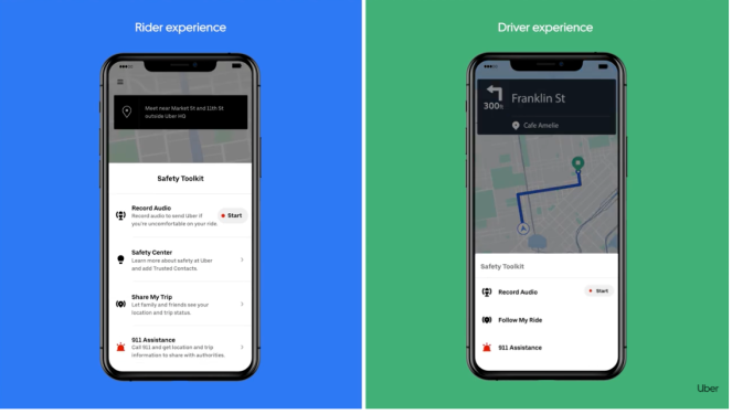 Rider view and driver view within Uber app of new safety feature allowing for audio recordings of ride
