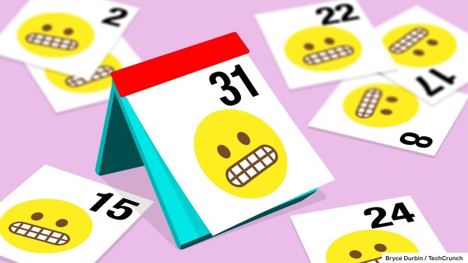 A calendar with a grimacing emoji on it, with other grimacing dates scattered on the ground.