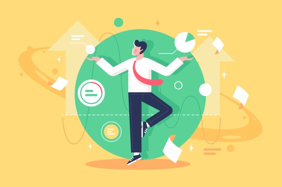 Flat young man employee control data, diagram and paper at work. Concept businessman character with suit engaged in management and stays calm. Vector illustration.