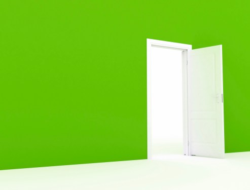 Green wall with white open door, illustration.
