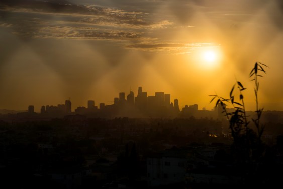 The downtown skyline during a heatwave in Los Angeles, California