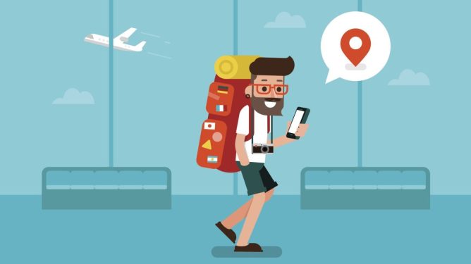 illustration of man with backpack using mobile phone in airport