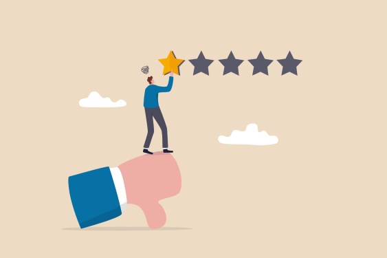 Illustration showing negative feedback with one star and thumb down.