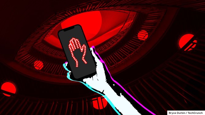 Render of hand holding smartphone displaying a hand