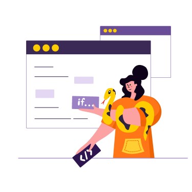 Cartoon of woman holding a python, while programming, to illustrate coding in Python.