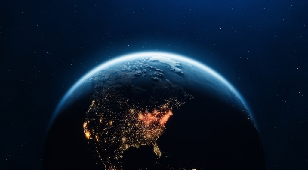 3D Render of Planet Earth with Clouds and Cities Lights. Planet Earth maps courtesy of NASA: https://visibleearth.nasa.gov/images/144875/earth-at-night-black-marble-2012-color-maps-v2.