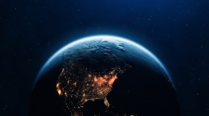 3D Render of Planet Earth with Clouds and Cities Lights. Planet Earth maps courtesy of NASA: https://visibleearth.nasa.gov/images/144875/earth-at-night-black-marble-2012-color-maps-v2.