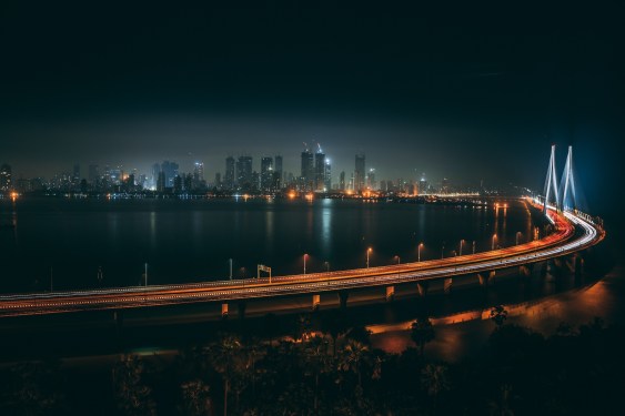A high angle shot of Bandra Worli sealink in Mumbai at night