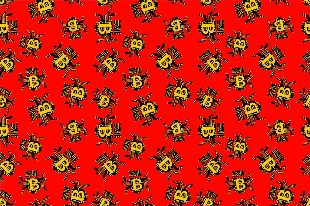 a sea of patterned green bugs with yellow bitcoin logos on them on a red background