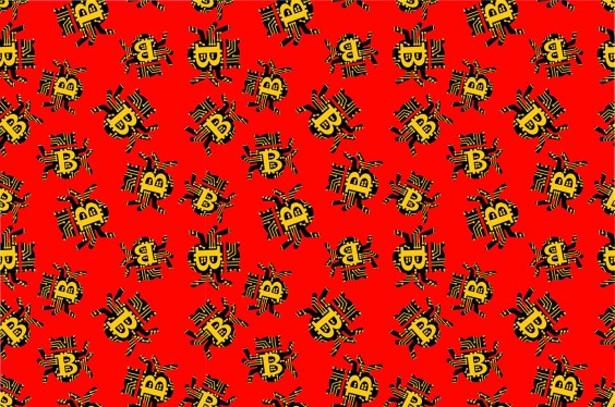 a sea of patterned green bugs with yellow bitcoin logos on them on a red background