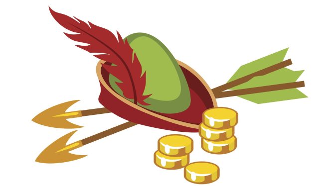 "Robin Hood cap, arrows and golden coins..."