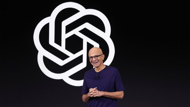 Microsoft CEO Satya Nadella speaks during the OpenAI DevDay event on November 06, 2023 in San Francisco, California.