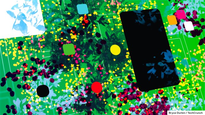 colorful, abstract illustration of apps and phones
