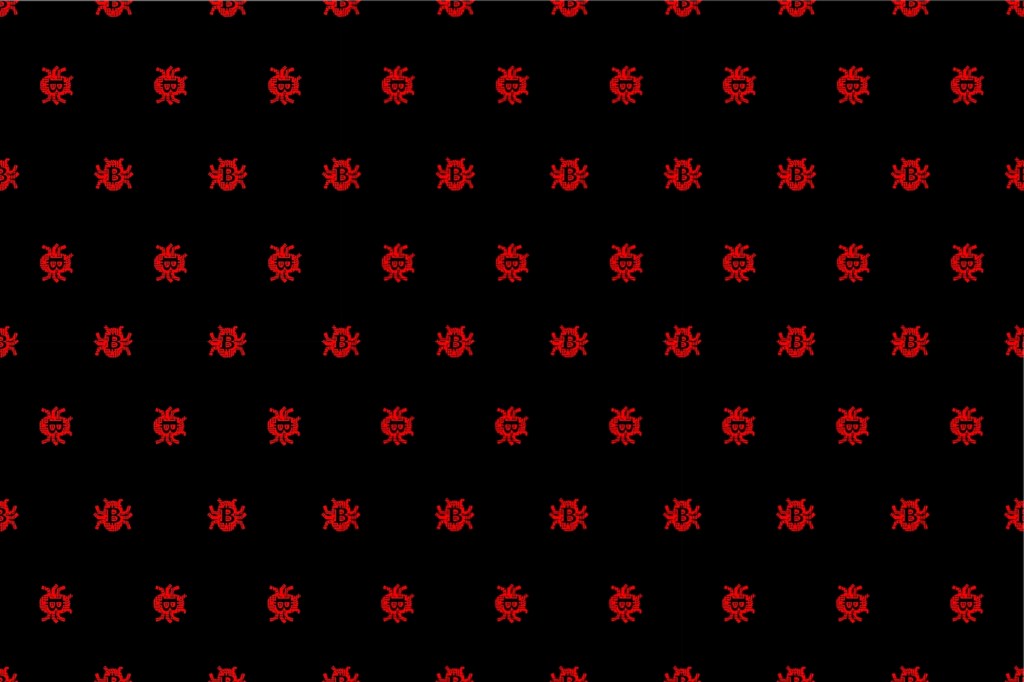bug-shaped images in red featuring bitcoin logos on a black background