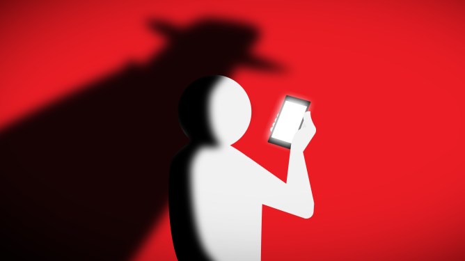 a dark shadow looming over an illustrated cartoon figure looking at their phone — on a red background