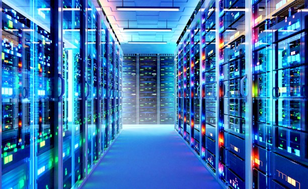 Futuristic data center with blueish tint and colored lights on the different server banks.