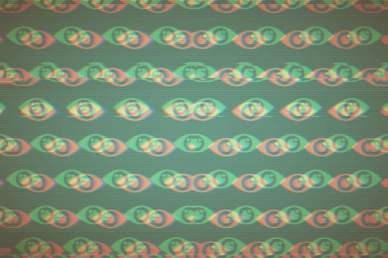 a collection of patterned illustrated eyes in green and red on a darker green background.