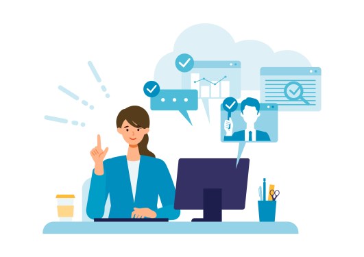 Business woman solving problems for business man over computer.