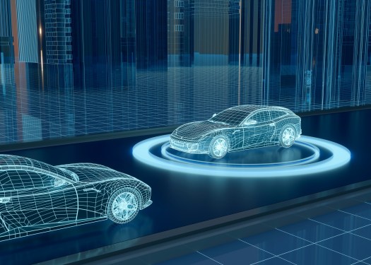 Blue car surrounded by blue circle with shafts of light shining on it to symbolize self-driving cars moving down the road.