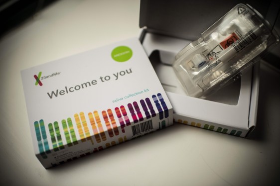 This illustration picture shows a saliva collection kit for DNA testing displayed in Washington DC