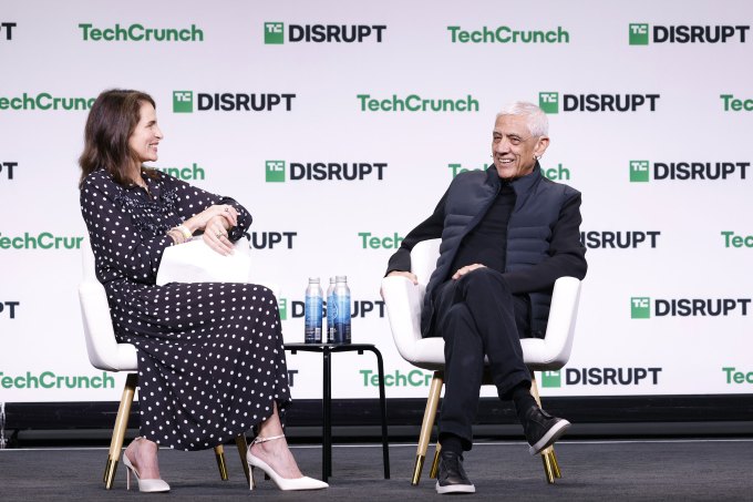 SAN FRANCISCO, CALIFORNIA - OCTOBER 28: (L-R) Connie Loizos, Editor-in-Chief & GM of TechCrunch, and Vinod Khosla, Founder of Khosla Ventures, speak onstage during TechCrunch Disrupt 2024 Day 1 at Moscone Center on October 28, 2024 in San Francisco, California. (Photo by Kimberly White/Getty Images for TechCrunch)