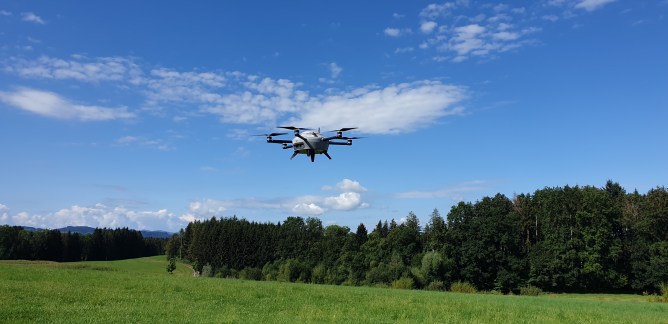 Image of one of Meteomatics' weather drones flying over a field on a beautiful sunny day