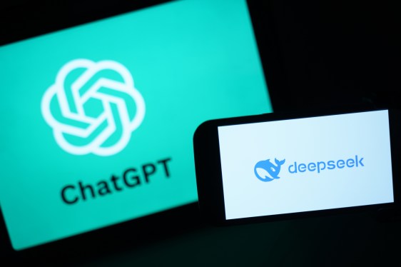 In this photo illustration, the DeepSeek logo is seen next to the Chat GPT logo on a phone.