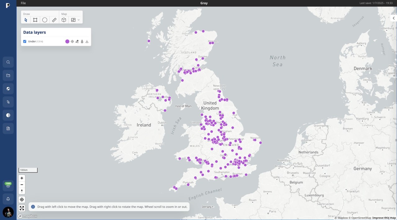 a screenshot showing purple location dots placed all over a map of the UK, showing Tinder users across the country.