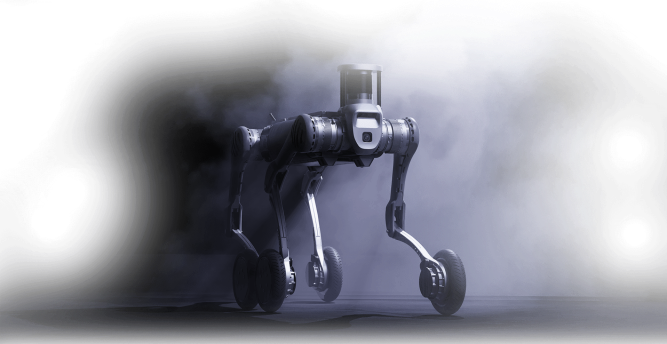 quadropod robot in black coming out of a misty gray background