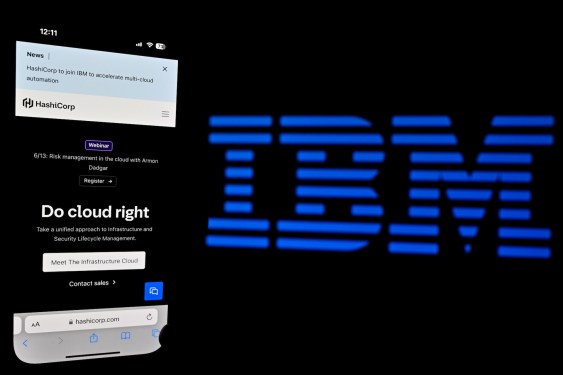 In this photo illustration, a logo of HashiCorp is displayed on a mobile phone screen with IBM logo visible.