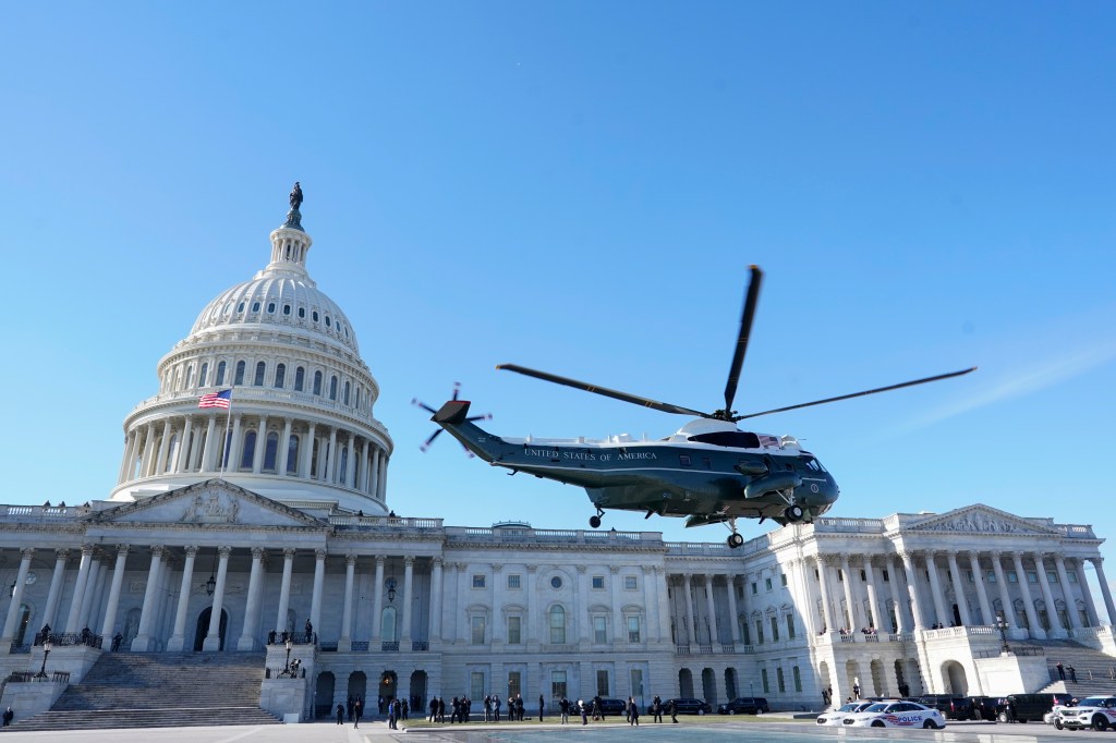 Helicopter taking off in front of US Capitol.