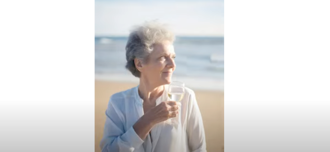 woman on a beach looking to the side and holding a wine glass