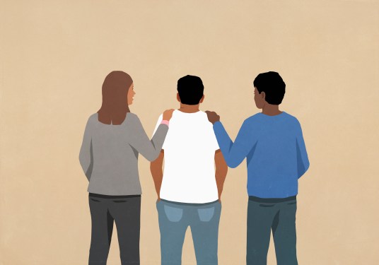 illustration of two friends supporting man, touching shoulders