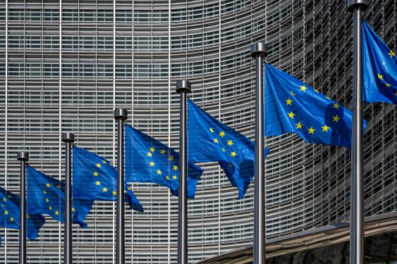 European flags in front of headquarters of European commission in Brussels