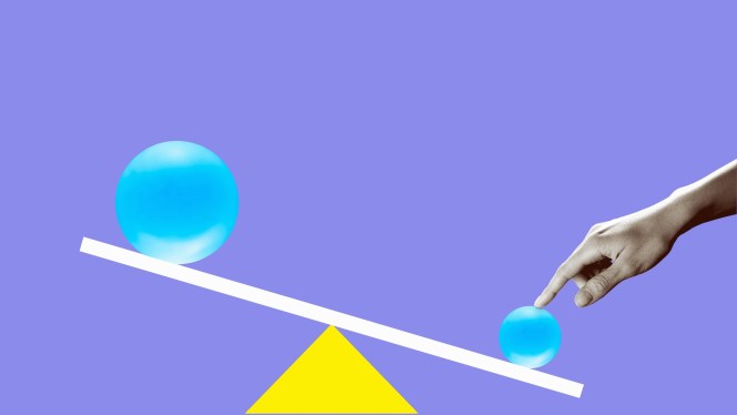 Black and white woman's hand pushing down small blue ball on balance scale, larger blue ball on opposite high side of scale, purple background