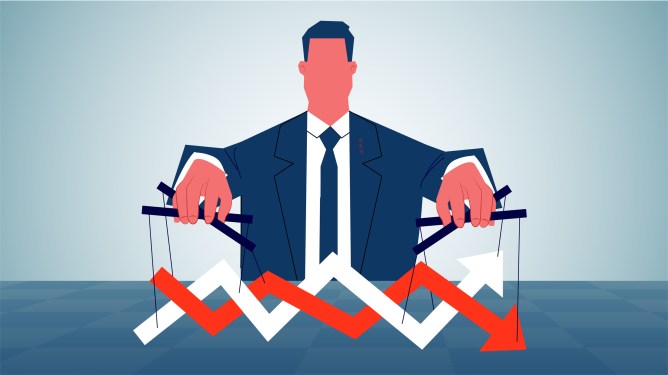 Control of business market or stock market market prices, price fluctuations, behind the scenes, economic management, huge businessman using puppets to control up and down fluctuations of the two arrows charts