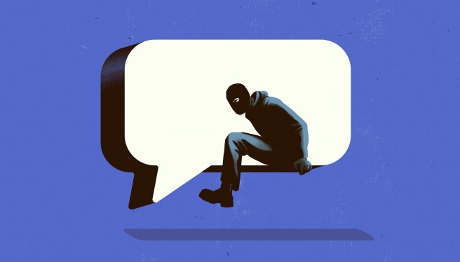 This illustration features a speech bubble with a hooded figure (perhaps a hacker) stepping out of the speech bubble.