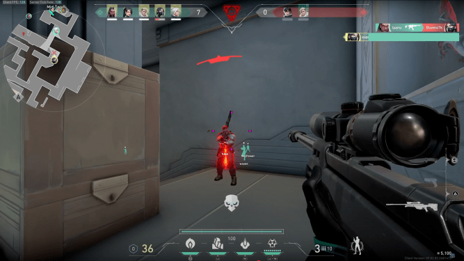 A screenshot from a game of Valorant, Riot Games' competitive online first-person shooter.